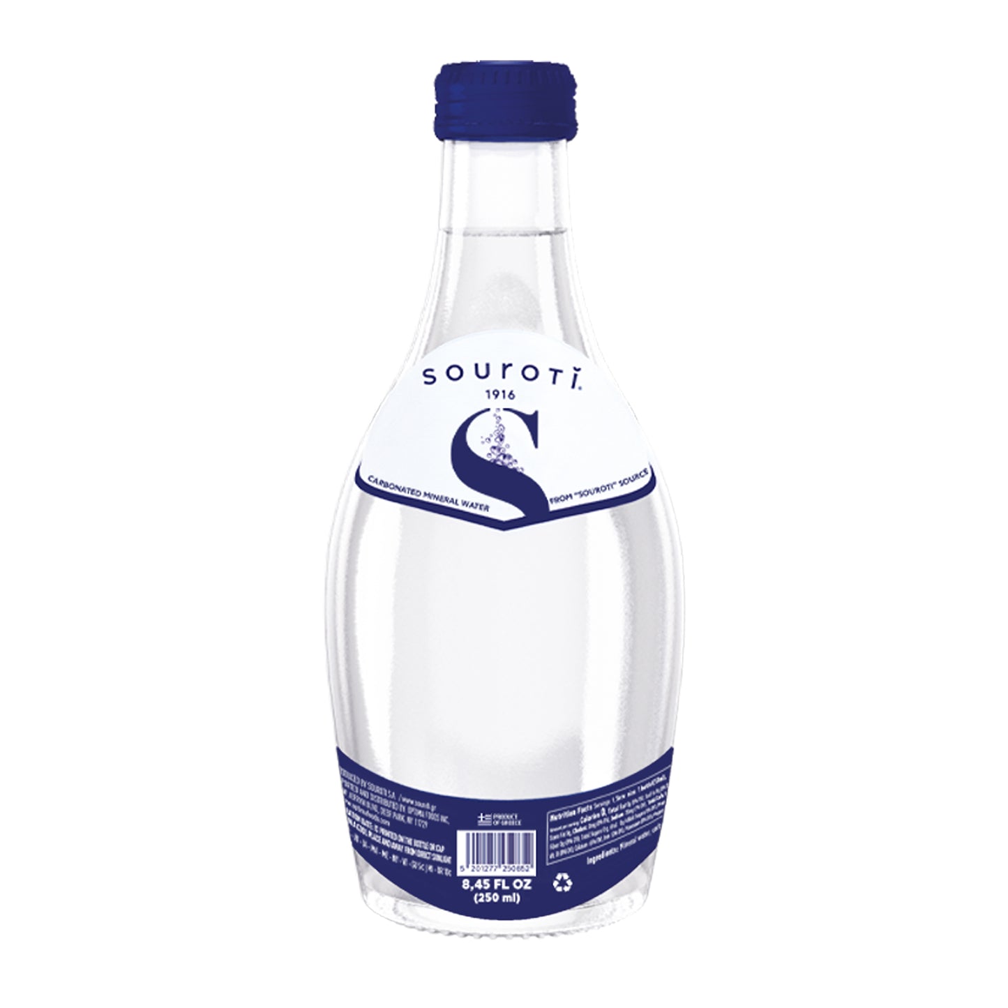 Glass bottle of Souroti sparkling mineral water with blue cap and label