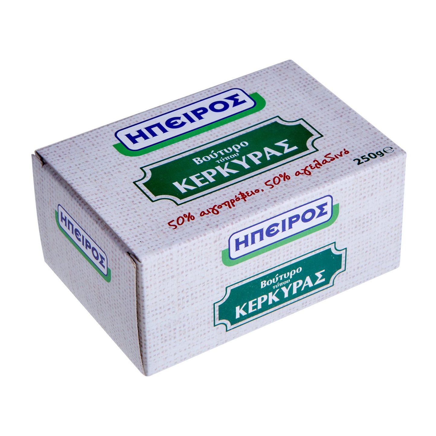 Box of Hiperos Kerkira butter with Greek text on a white background