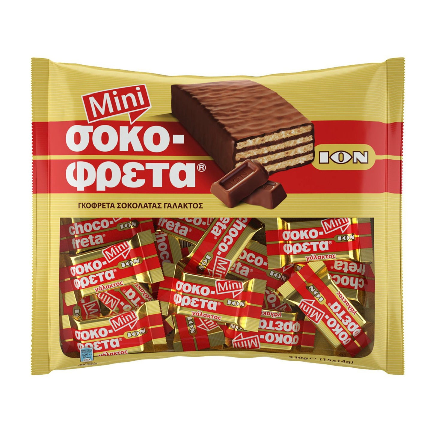 Clear bag of ION Mini Chocofreta Greek milk chocolate wafer bites showing individually wrapped mini bars inside