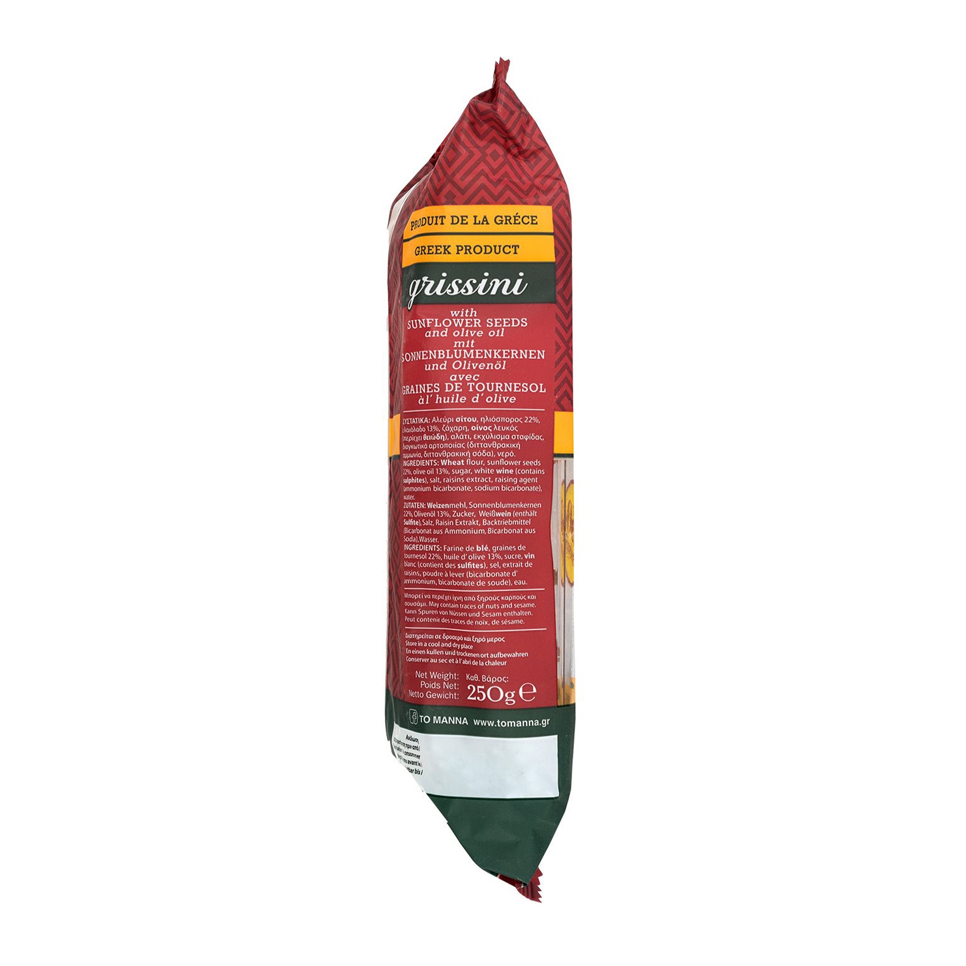 Side view of Greek grissini breadsticks packaging showing ingredients and product details