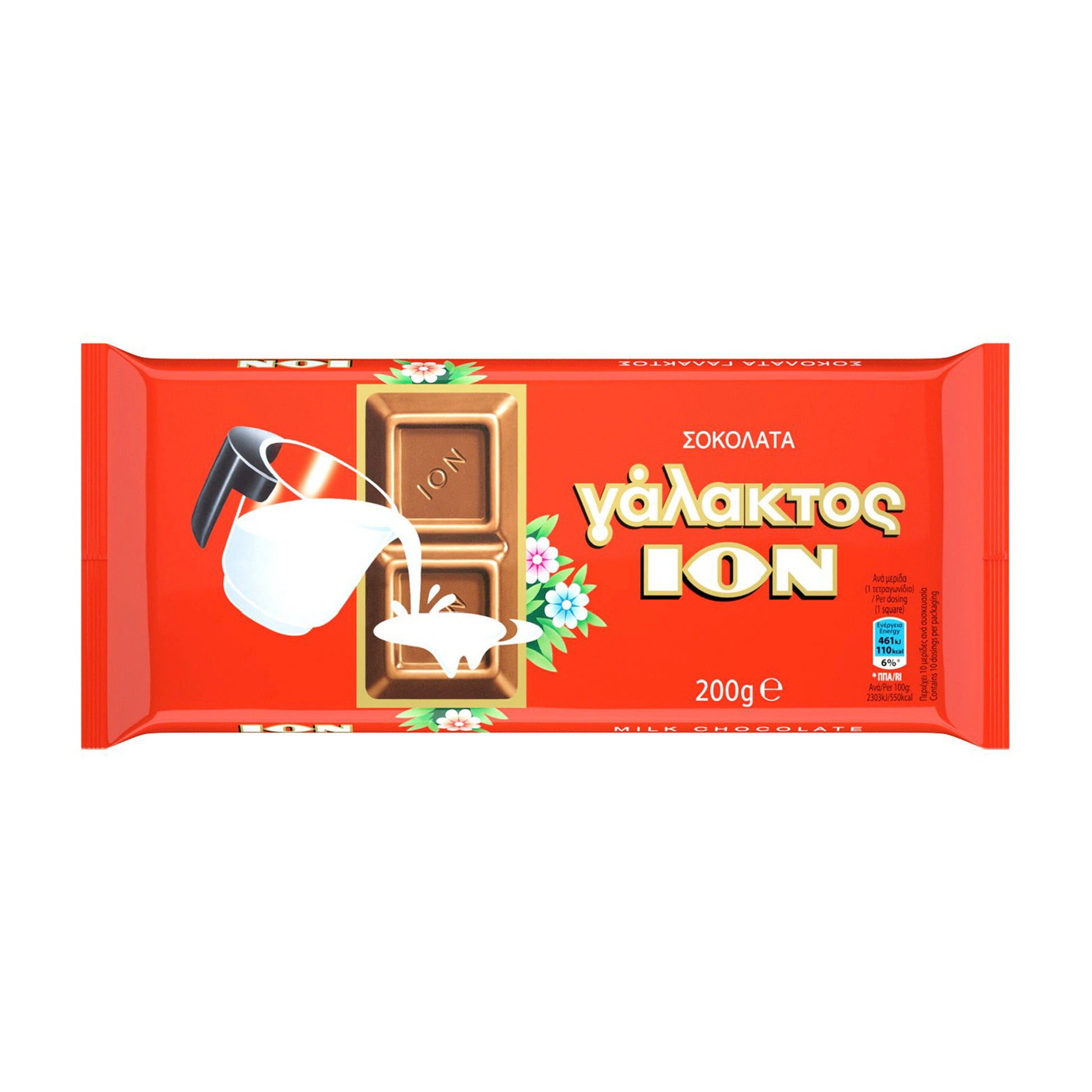 Red chocolate bar packaging with 'Yalaktos Ion' branding on a white background