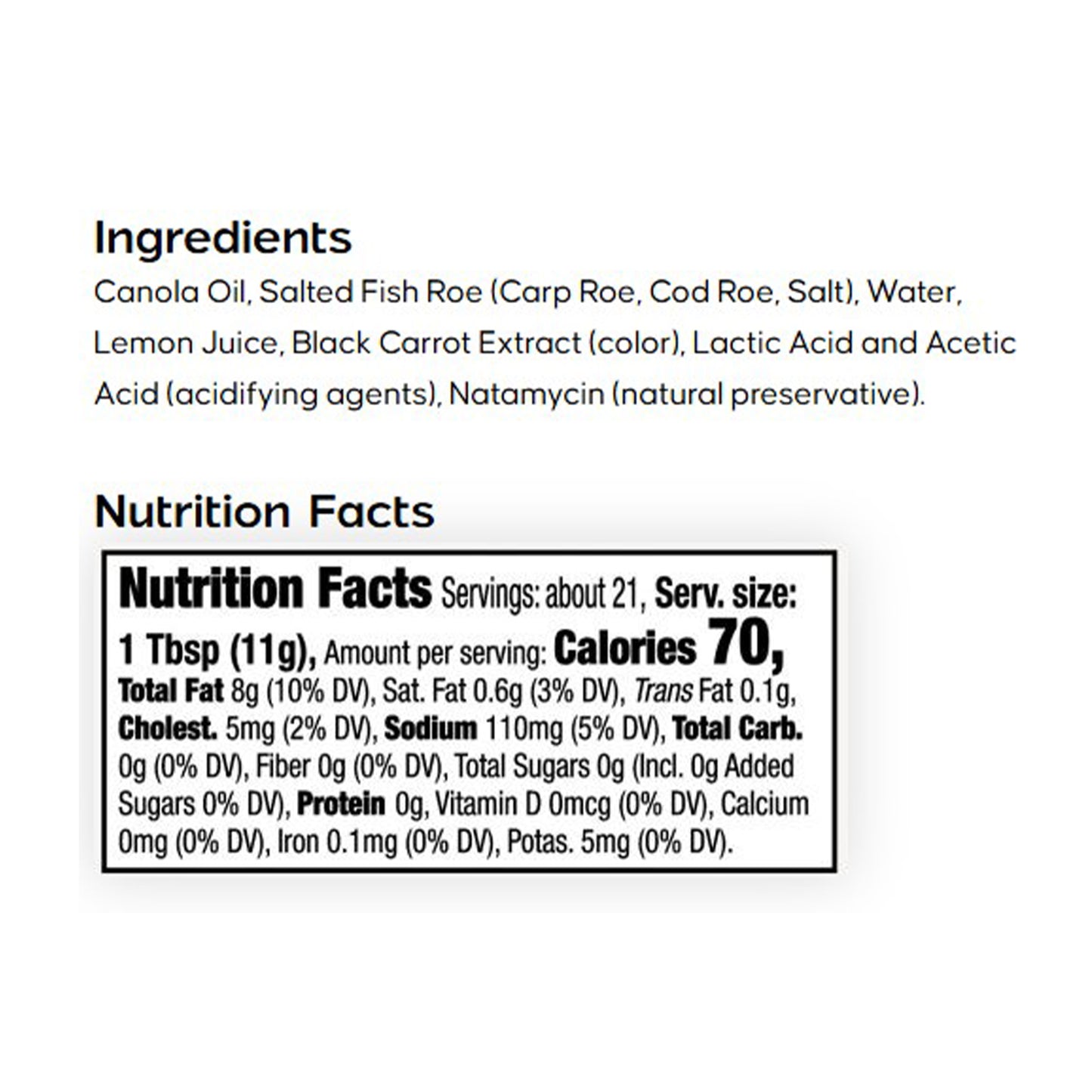 Ingredients and nutrition facts label on a white background