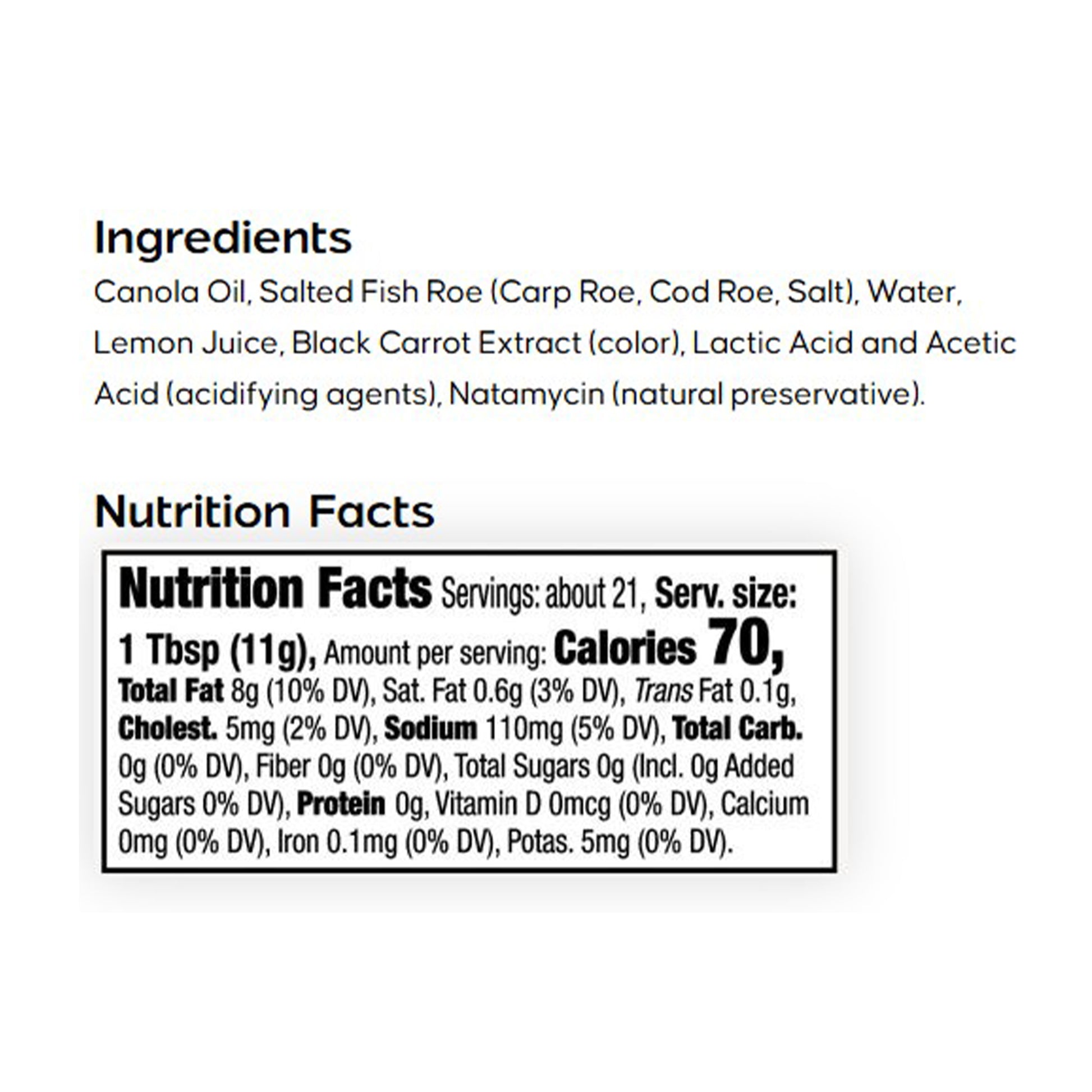Ingredients and nutrition facts label on a white background