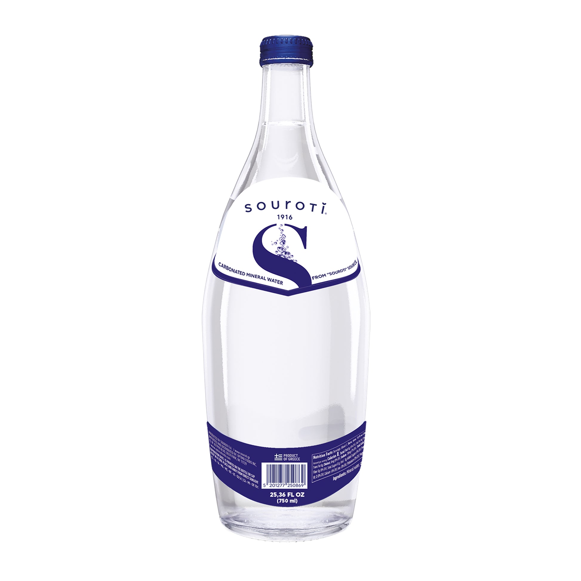 Clear glass bottle with blue cap and label on a white background