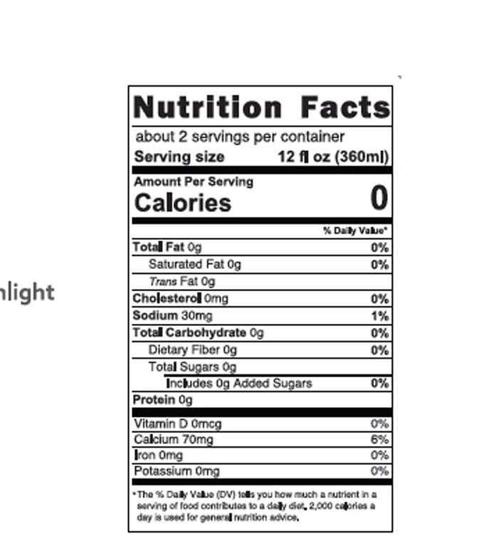 Nutrition facts label with serving size, calories, and various nutrients on a white background