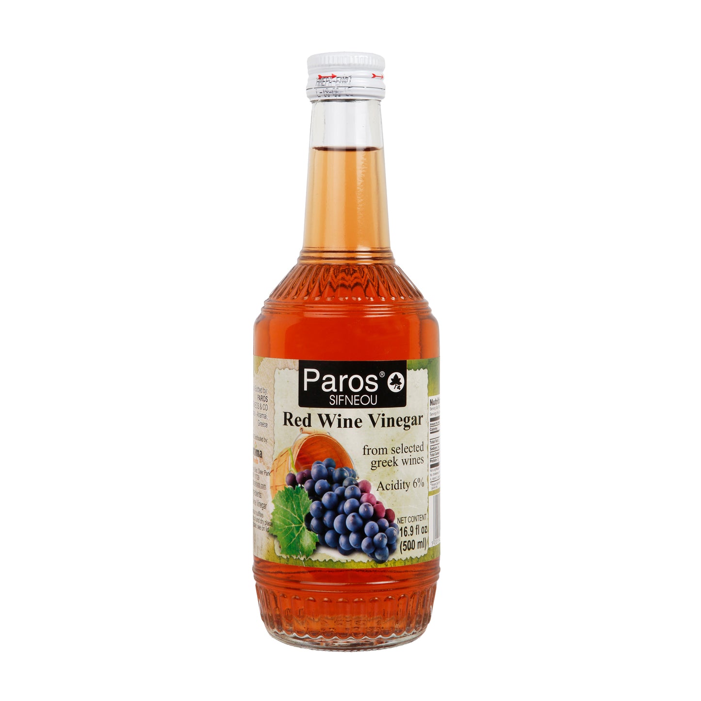 Bottle of Paros Red Wine Vinegar on a white background
