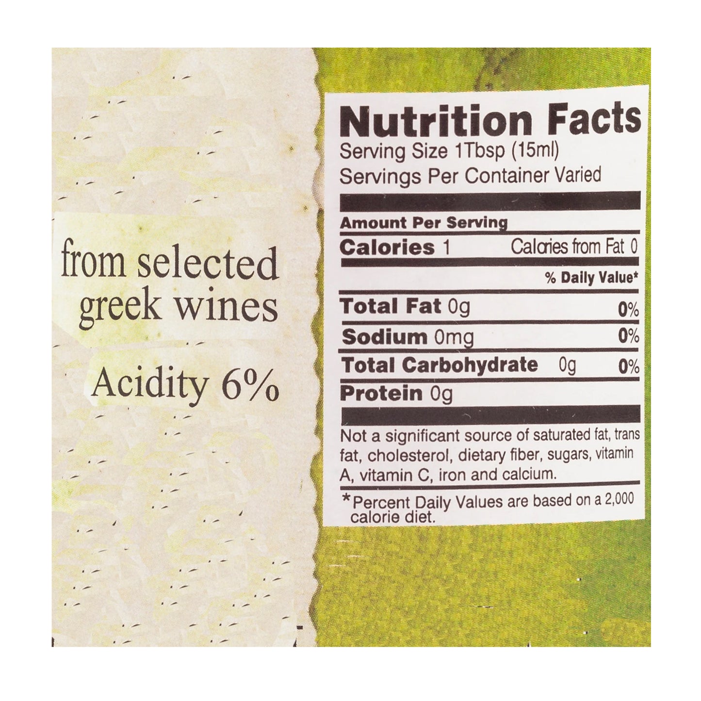 Nutrition facts label for a product from selected Greek wines with acidity 6%.