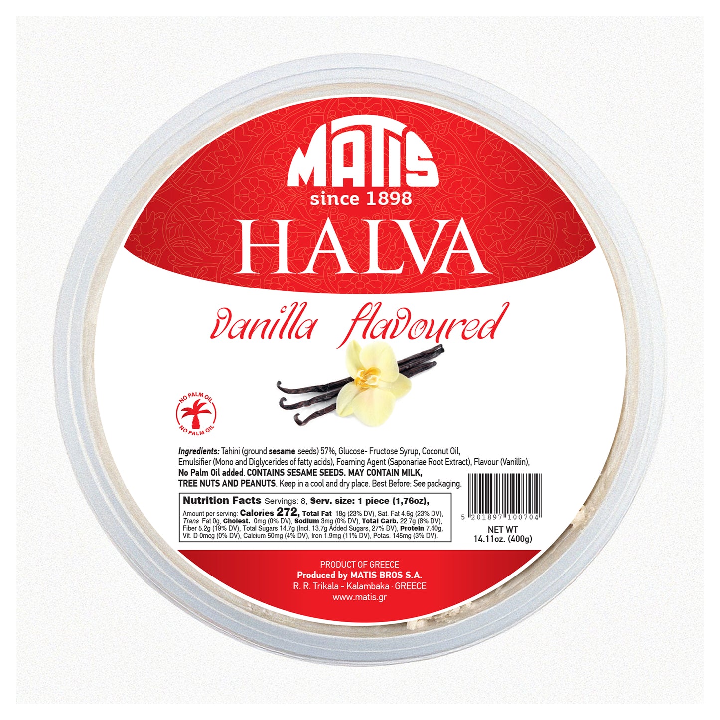 Vanilla-flavored halva container with Matis branding on a white background