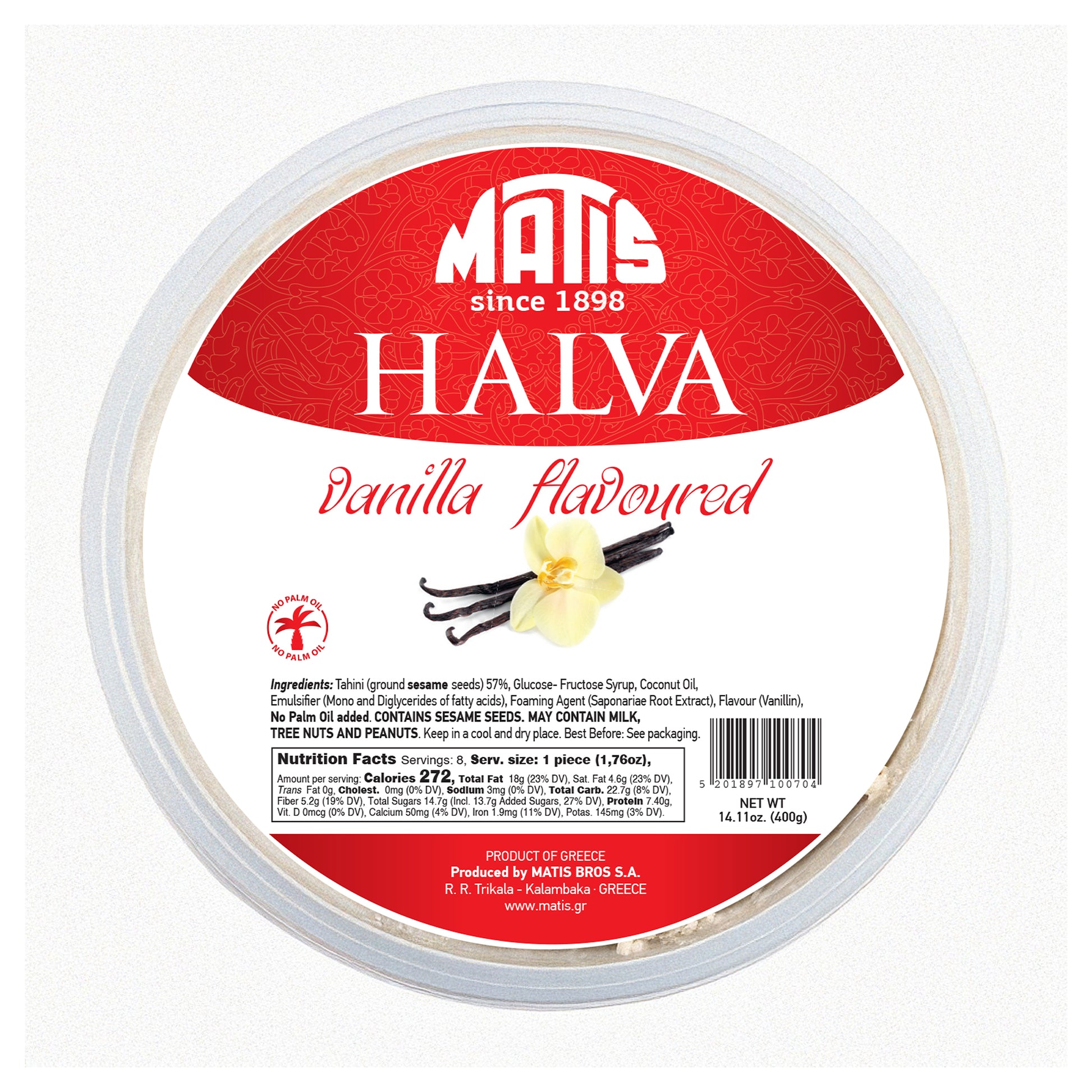 Vanilla-flavored halva container with Matis branding on a white background