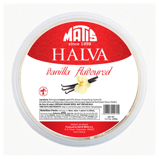 Vanilla-flavored halva container with Matis branding on a white background