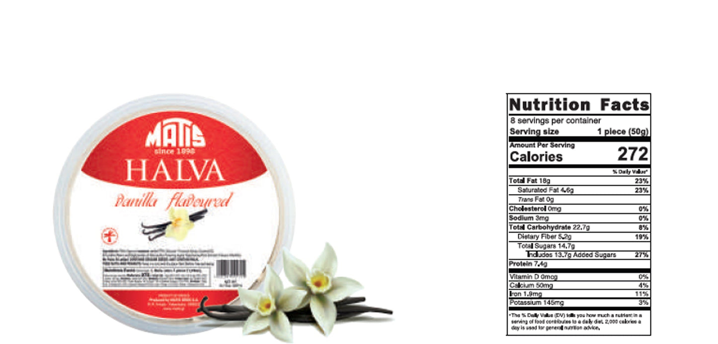 Halva container with vanilla flowers and nutrition facts label on a white background