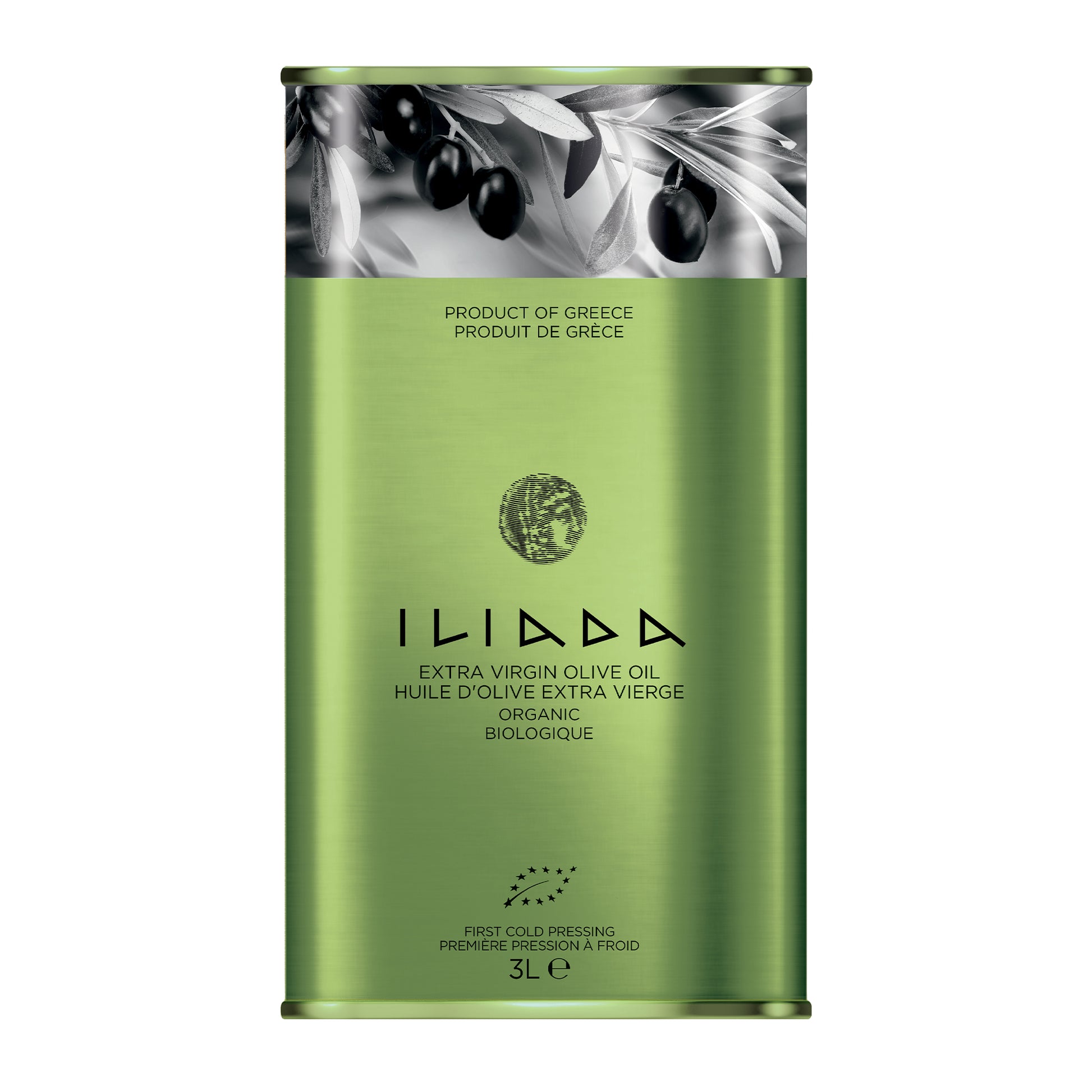 Green olive oil canister with 'Iliada' branding on a white background