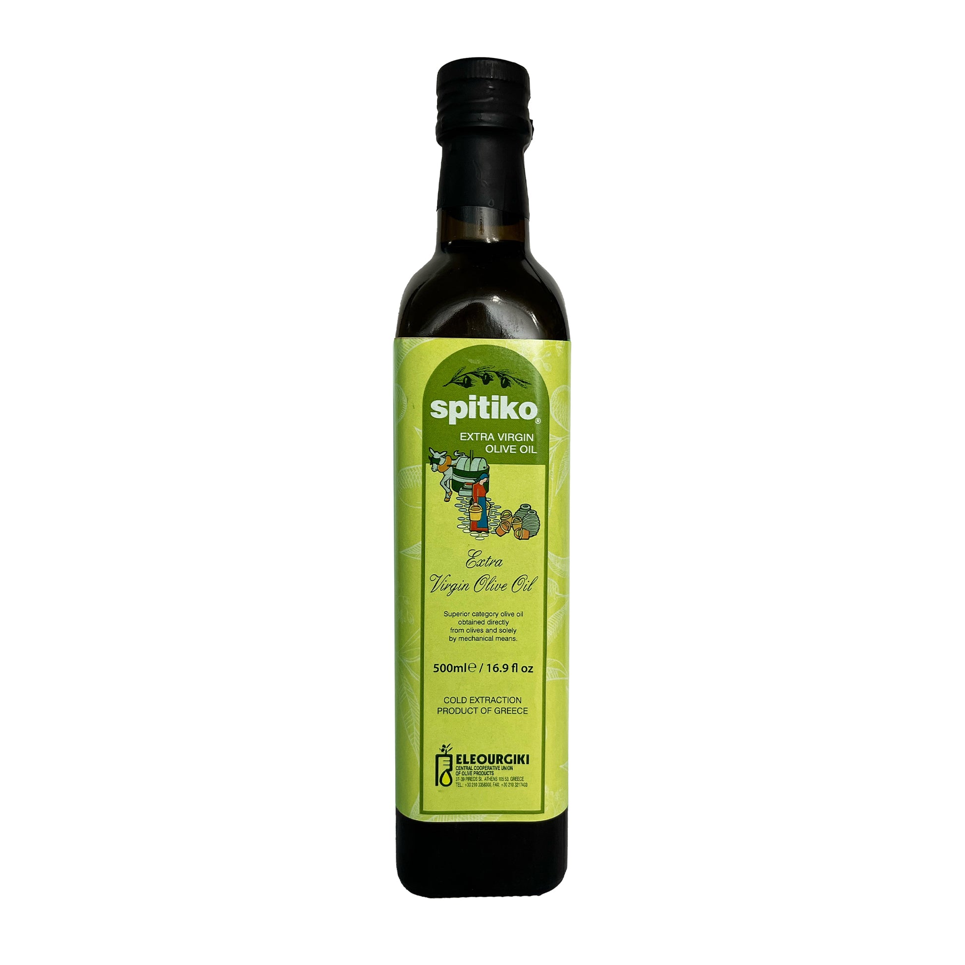 Bottle of Spitiko extra virgin olive oil on a white background
