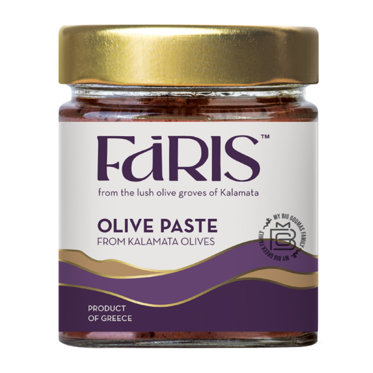 Jar of Faris olive paste with a gold lid on a white background