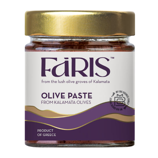Jar of Faris olive paste with a gold lid on a white background