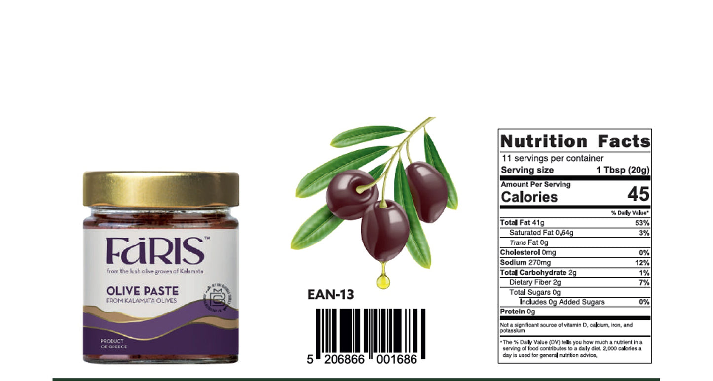 Jar of Farris olive paste with label, olives, and nutrition facts on a white background