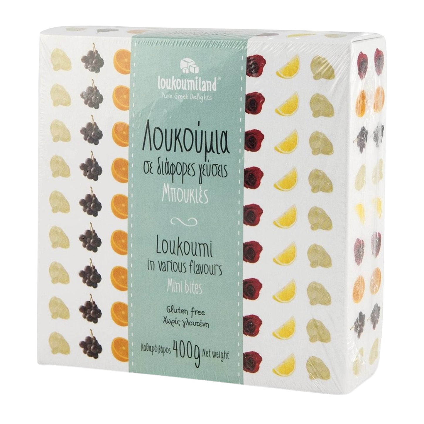 Box of Loukoumi with colorful packaging on a white background