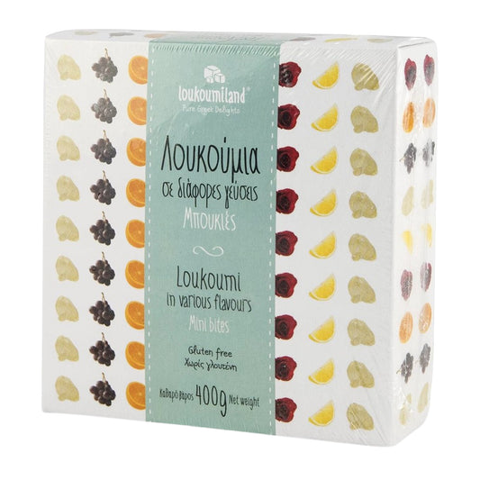 Box of Loukoumi with colorful packaging on a white background