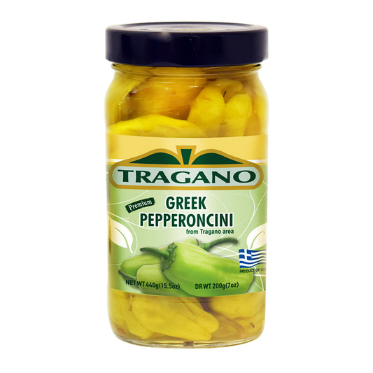Jar of Tragano Greek Pepperoncini on a white background