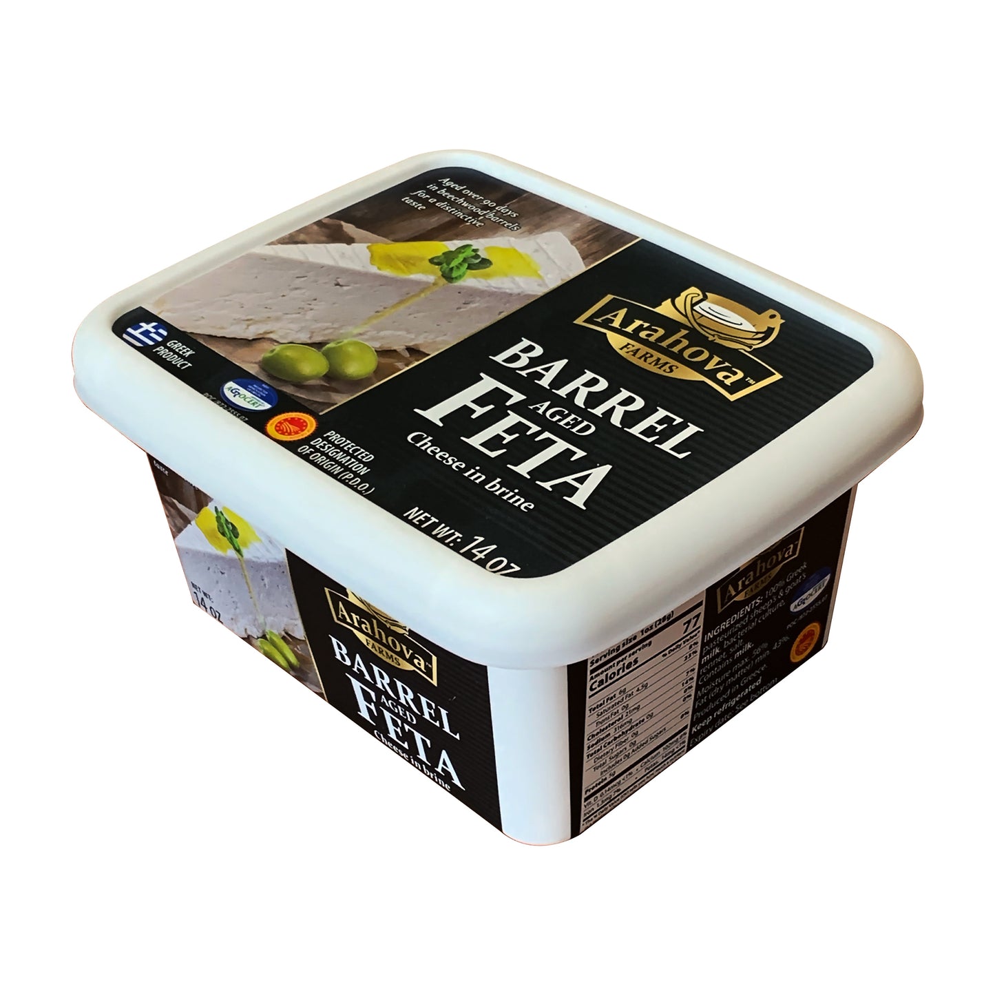 A block of Arhova Barrel Feta cheese on a white background