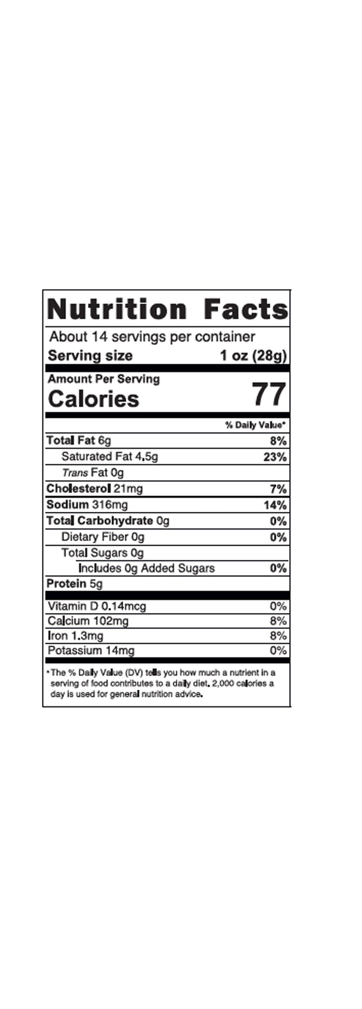 Nutrition facts label for a product with serving size, calories, and nutritional content.