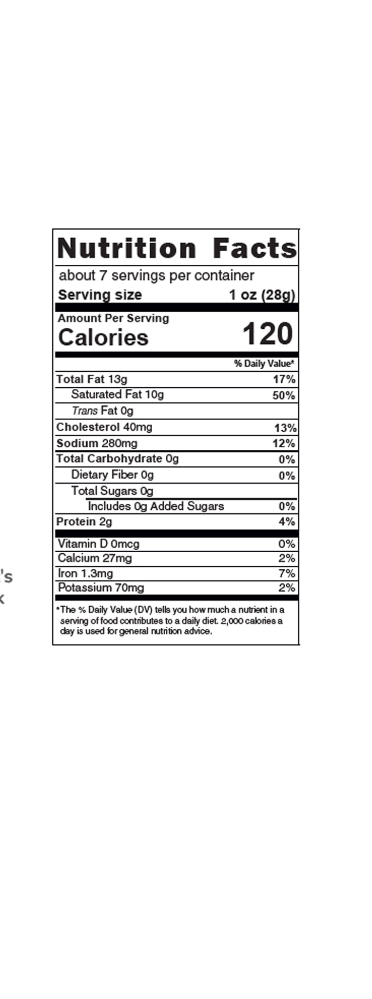Nutrition facts label for a product with serving size, calories, and nutritional content.