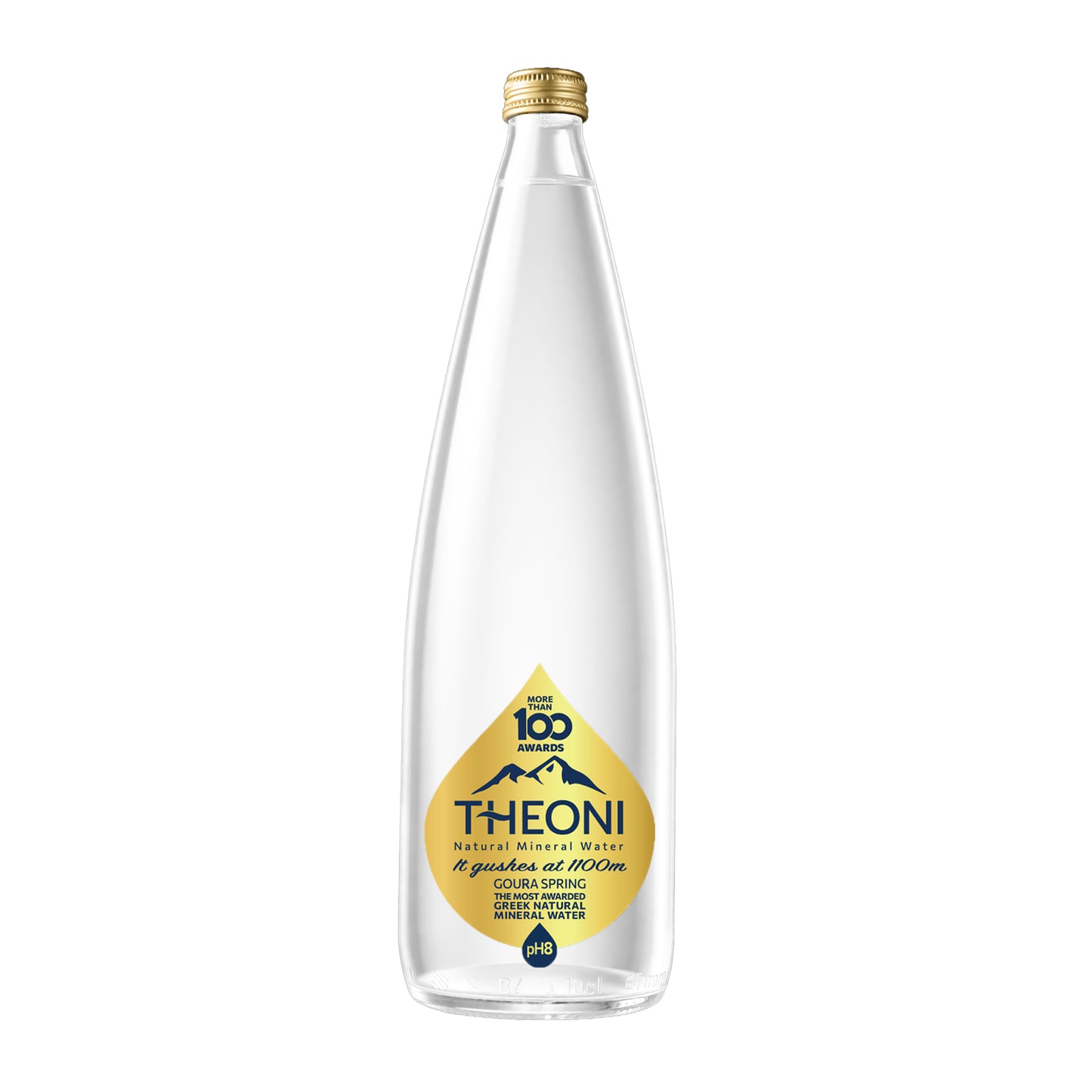 Clear glass bottle of Theoni Natural Mineral Water with gold cap and gold label on white background
