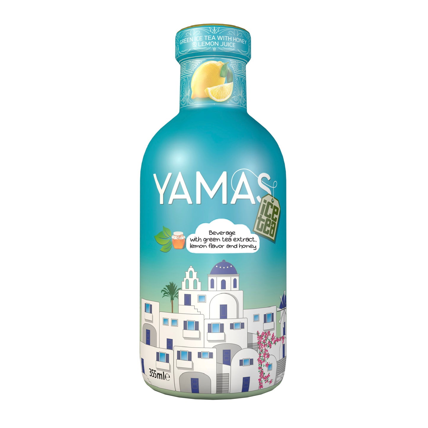 Turquoise glass bottle of Yamas green iced tea with honey and lemon featuring Greek island artwork on the label