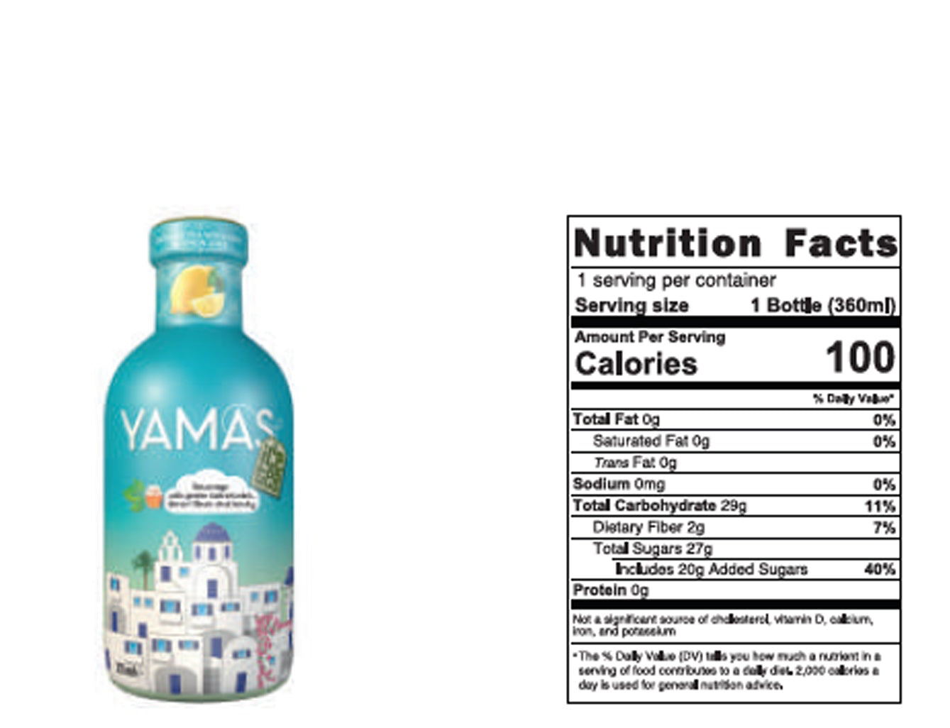 Product information sheet for Yamas Green Tea with Honey and Lemon showing nutrition facts