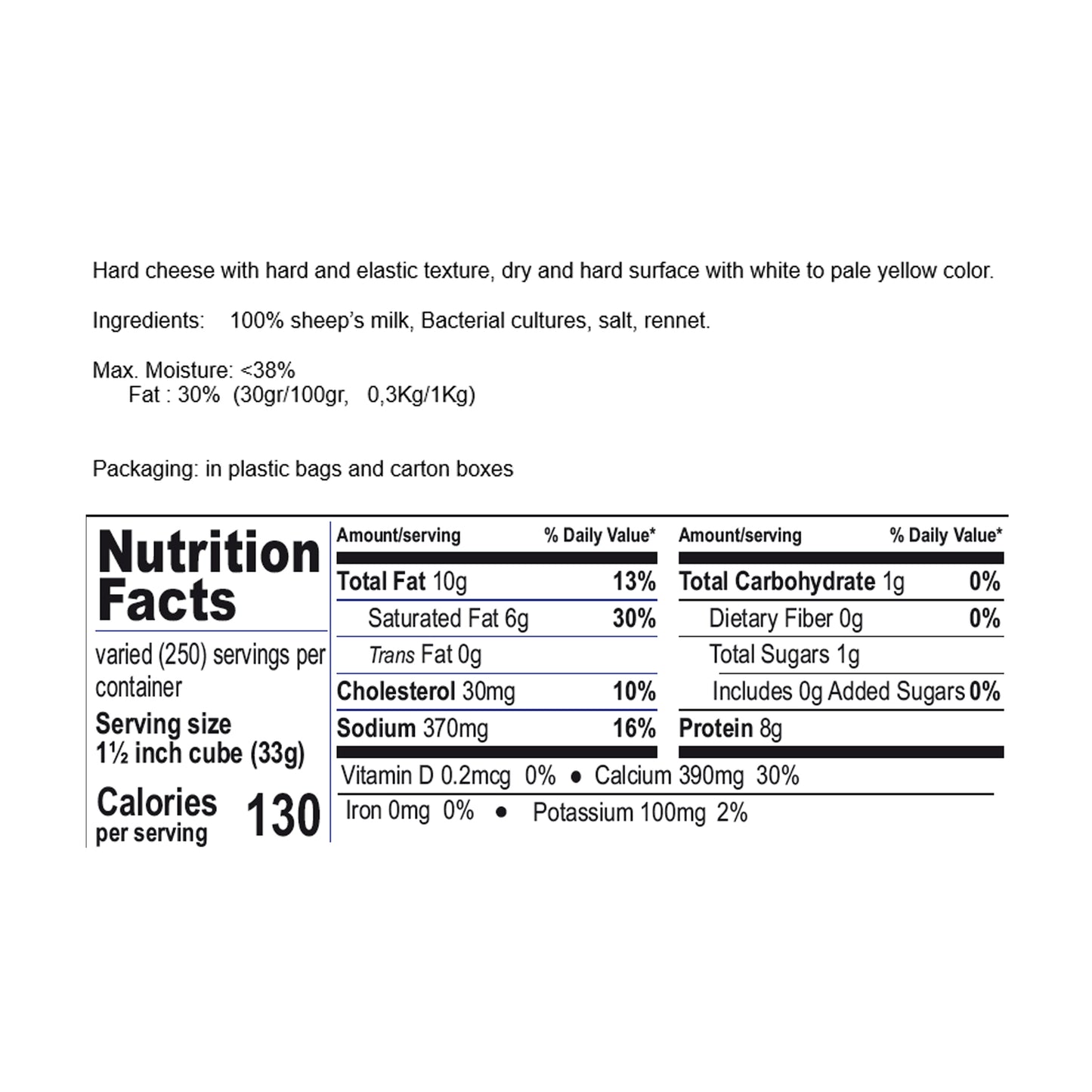 Nutrition facts and ingredient information sheet for Greek Kefalotiri cheese made from sheep’s milk.