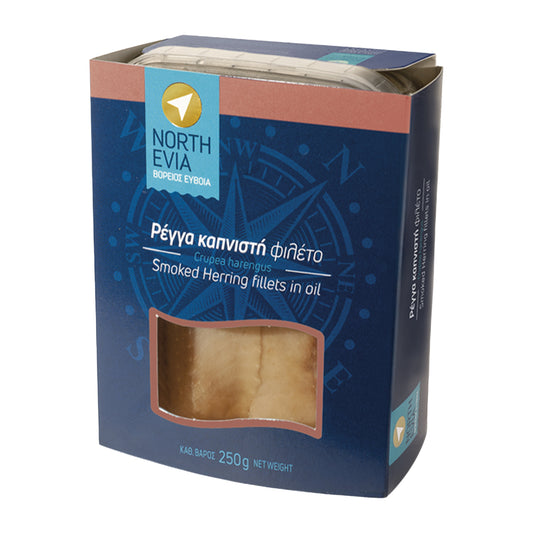 Package of North Evia smoked herring fillets in oil with blue carton packaging and clear product window.