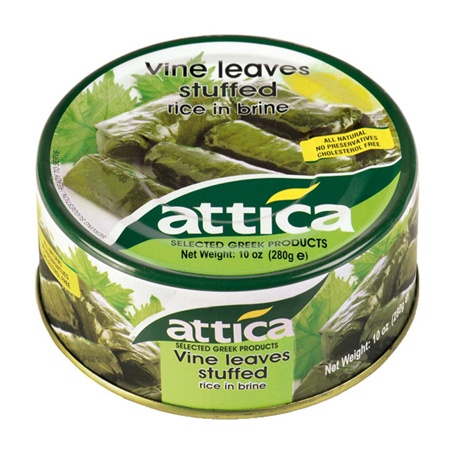 Round can of Attica stuffed vine leaves with rice featuring green Mediterranean-themed packaging.