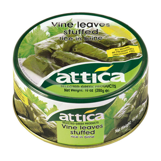 Round can of Attica stuffed vine leaves with rice featuring green Mediterranean-themed packaging.