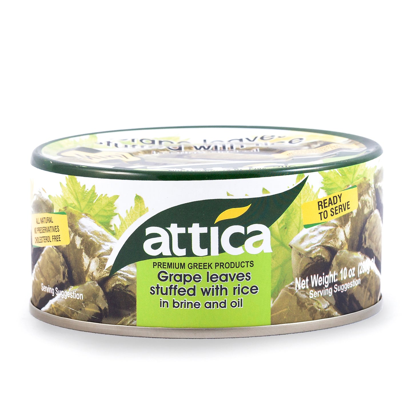 Side view of Attica grape leaves stuffed with rice in brine and oil ready-to-serve can.