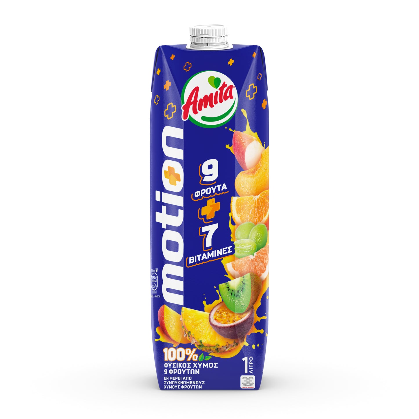 Blue carton of Amita Motion mixed fruit juice with images of tropical fruits and 7 vitamins label.