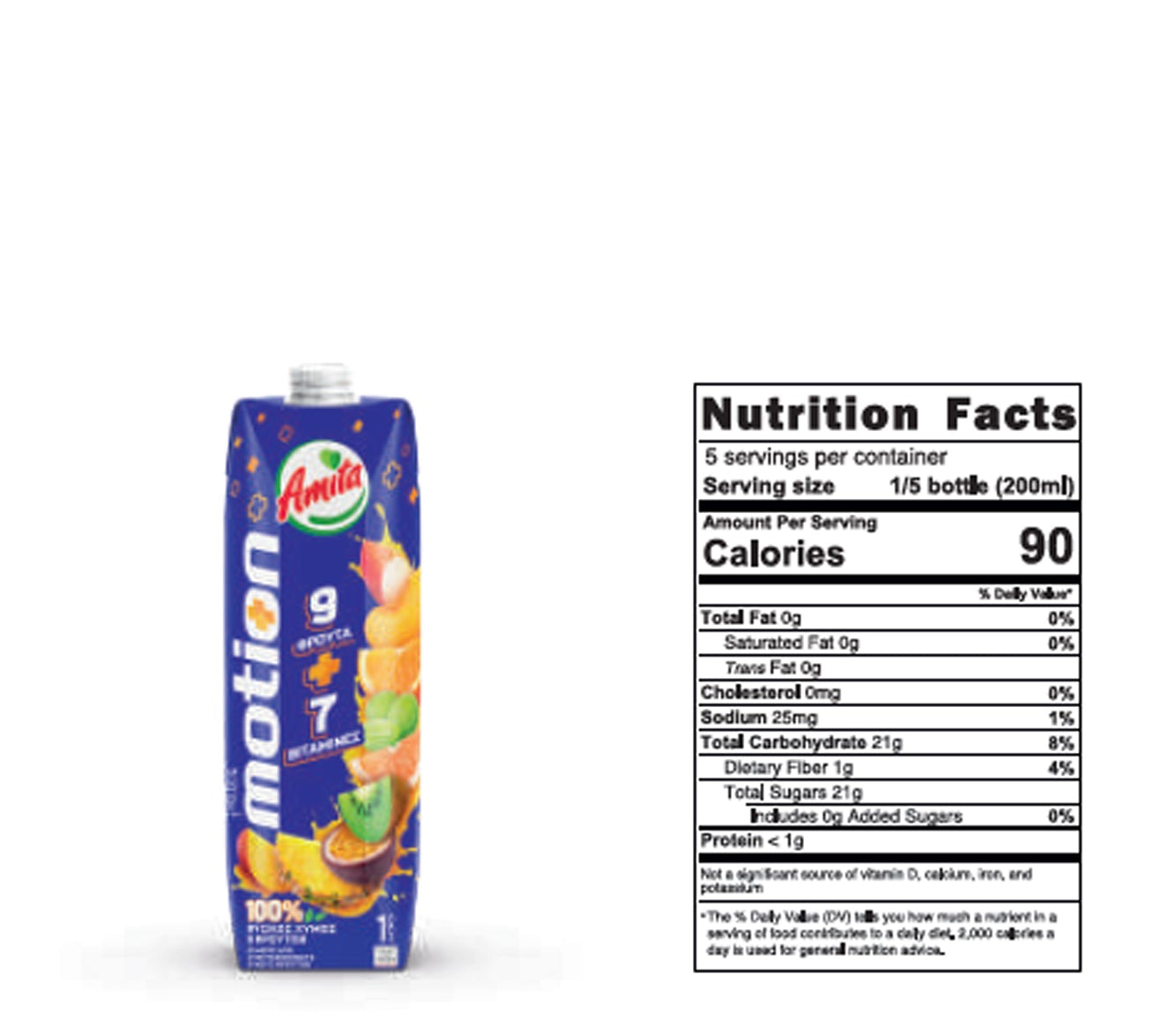 Nutrition facts panel for Amita Motion 9 fruit juice beverage showing calories, carbohydrates, sugars, and serving size.