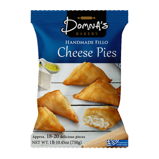 Bag of Donna’s Bakery handmade Greek fillo cheese pies with golden baked cheese pastries on packaging