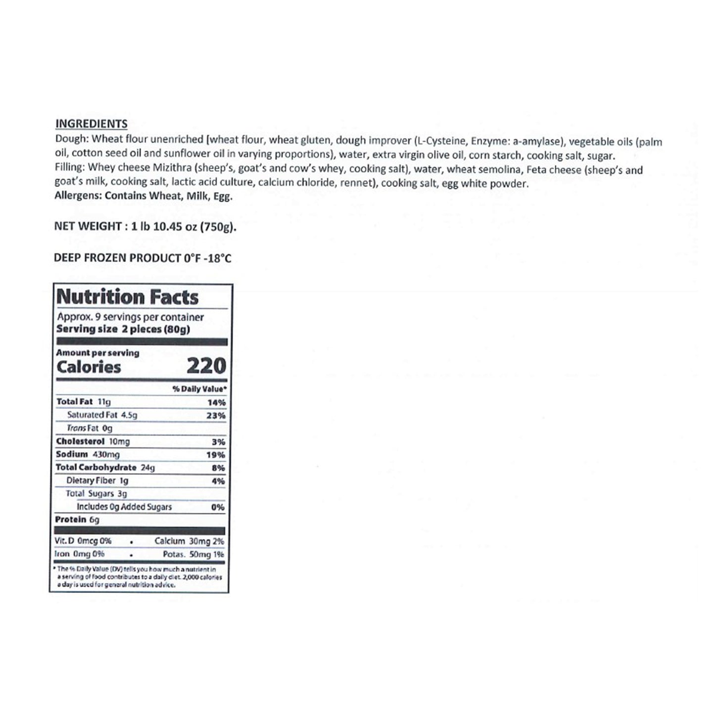 Back packaging of Donna’s Bakery cheese pies showing ingredients, allergen information, and nutrition facts.