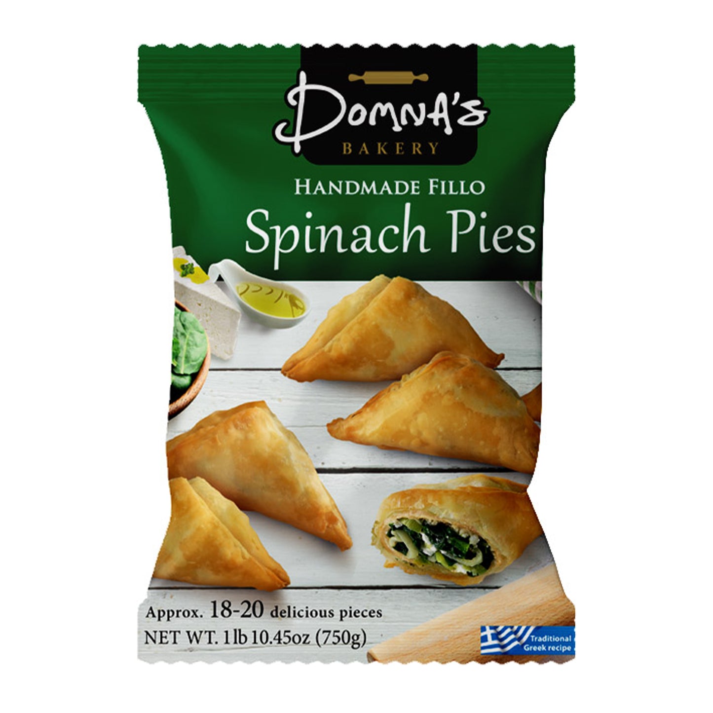 Bag of Donna’s Bakery handmade Greek spinach pies with golden filo pastries and spinach filling shown on packaging