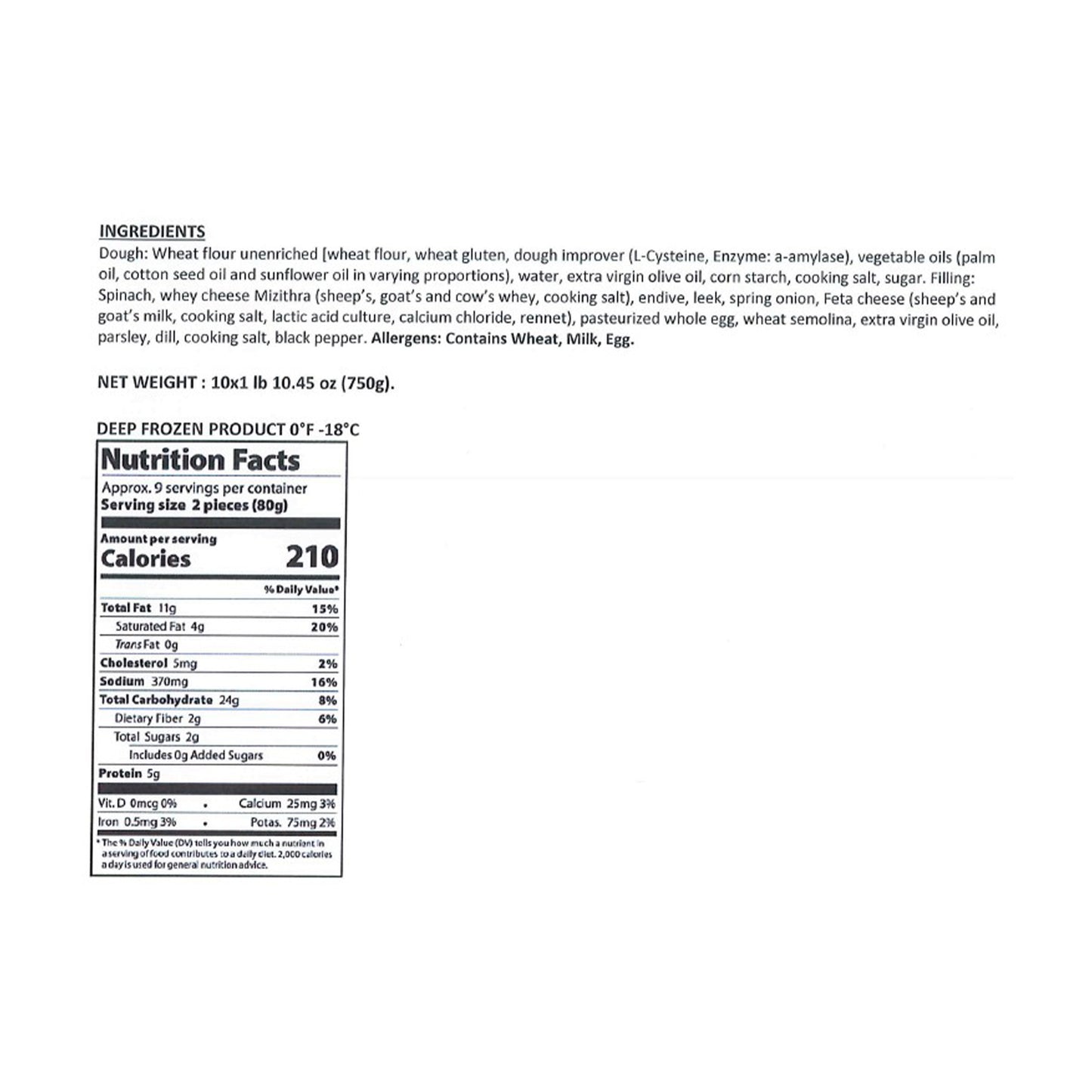 Back packaging of Donna’s Bakery spinach pies showing ingredients, allergen information, and nutrition facts.