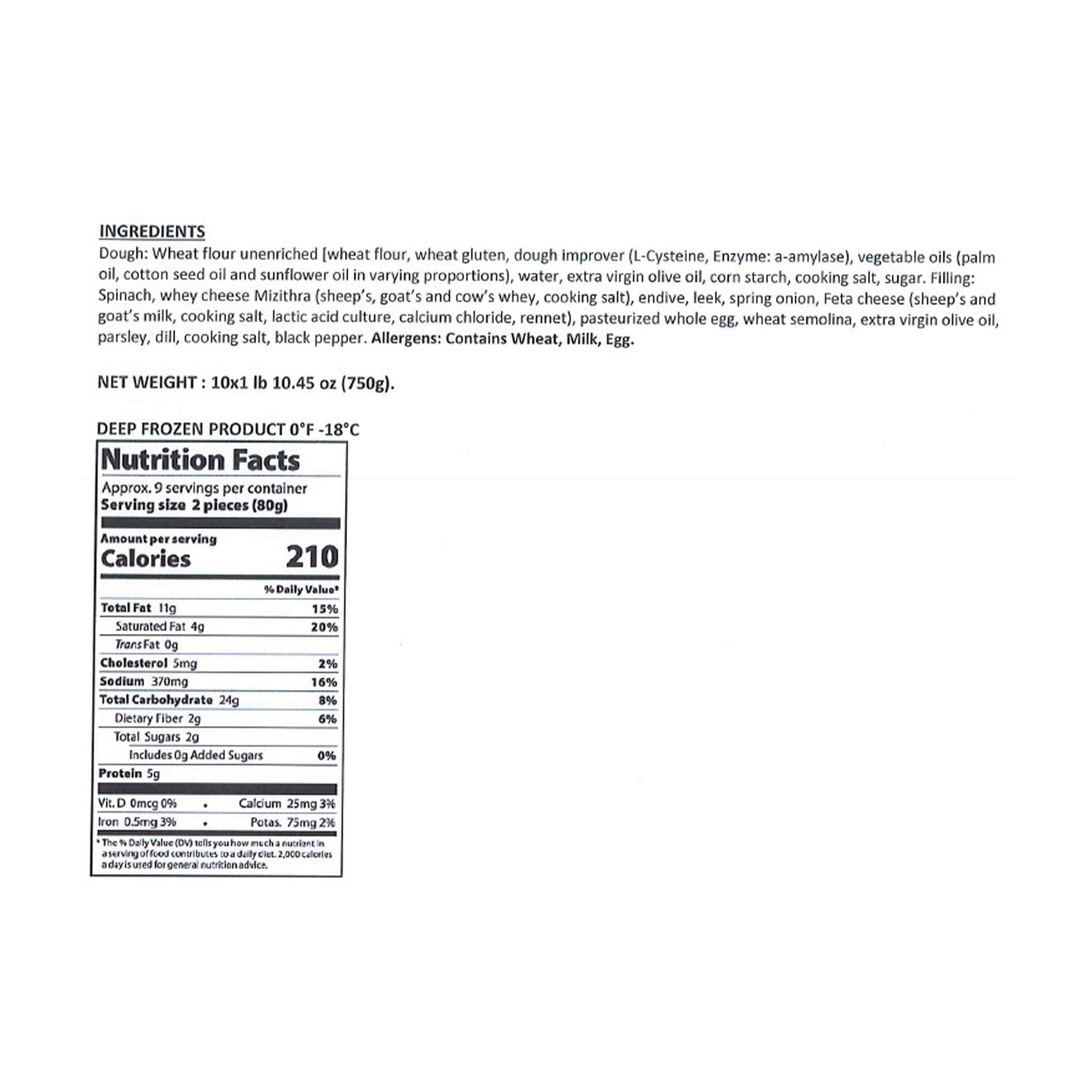 Back packaging of Donna’s Bakery spinach pies showing ingredients, allergen information, and nutrition facts.