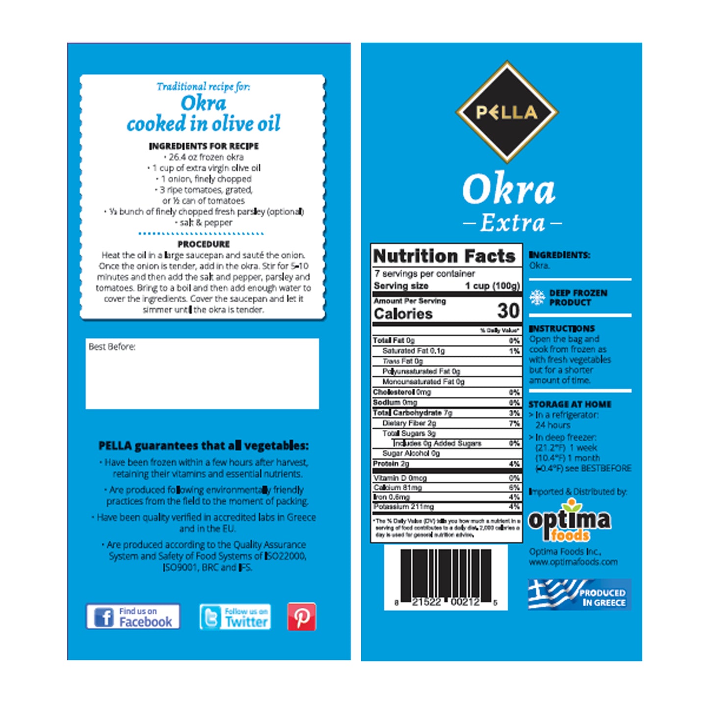 Front and back packaging for Pella Okra Extra frozen okra with nutrition facts, cooking instructions, and recipe details