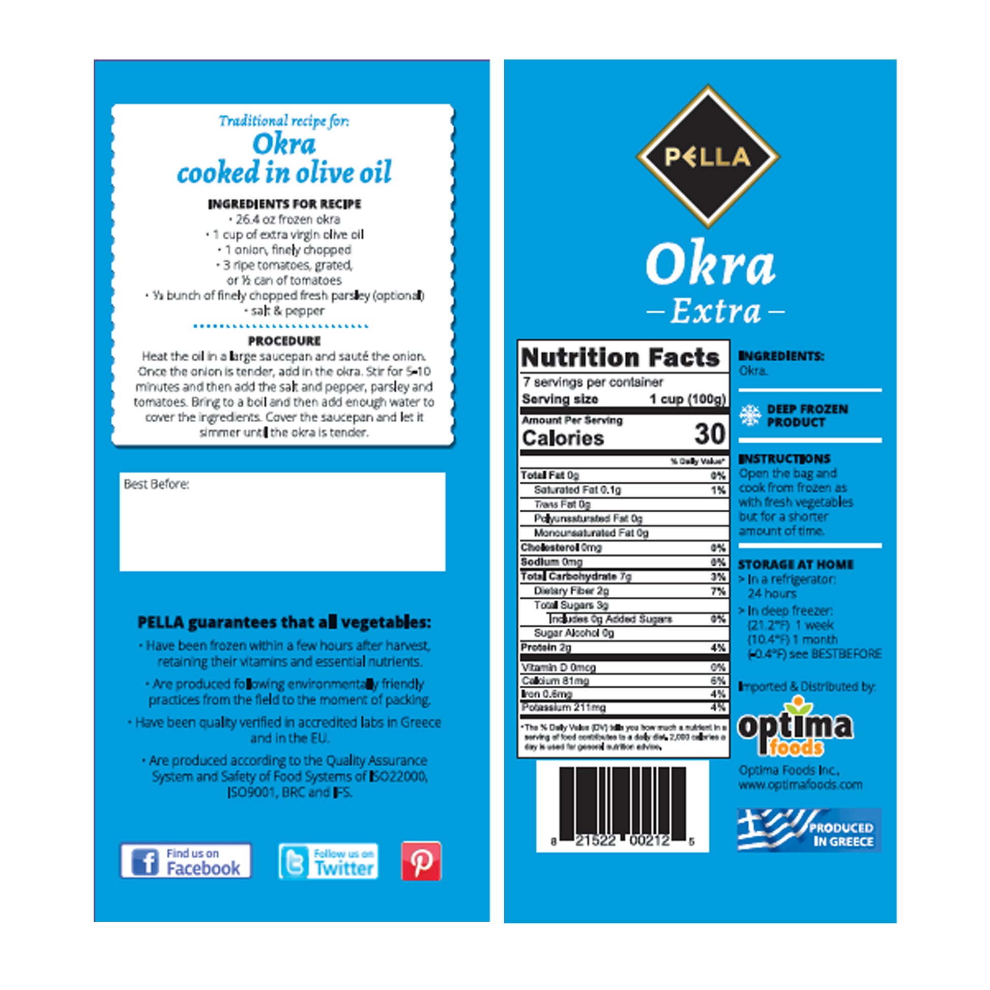 Front and back packaging for Pella Okra Extra frozen okra with nutrition facts, cooking instructions, and recipe details