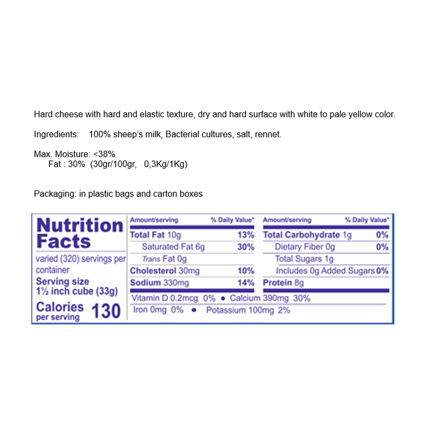 Nutrition facts label for hard cheese on a white background