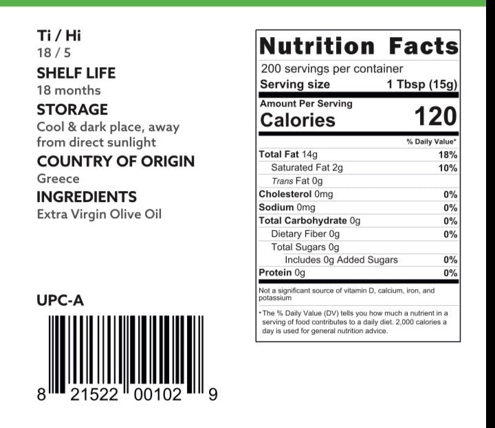 Nutrition facts label for olive oil with product details.