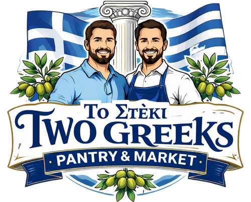Logo of Two Greeks Pantry & Market with two men and a Greek flag in the background.